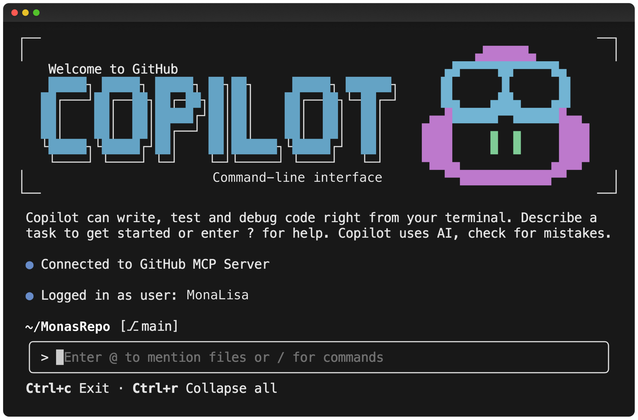 GitHub Copilot CLI splash screen showing the Copilot mascot in a terminal