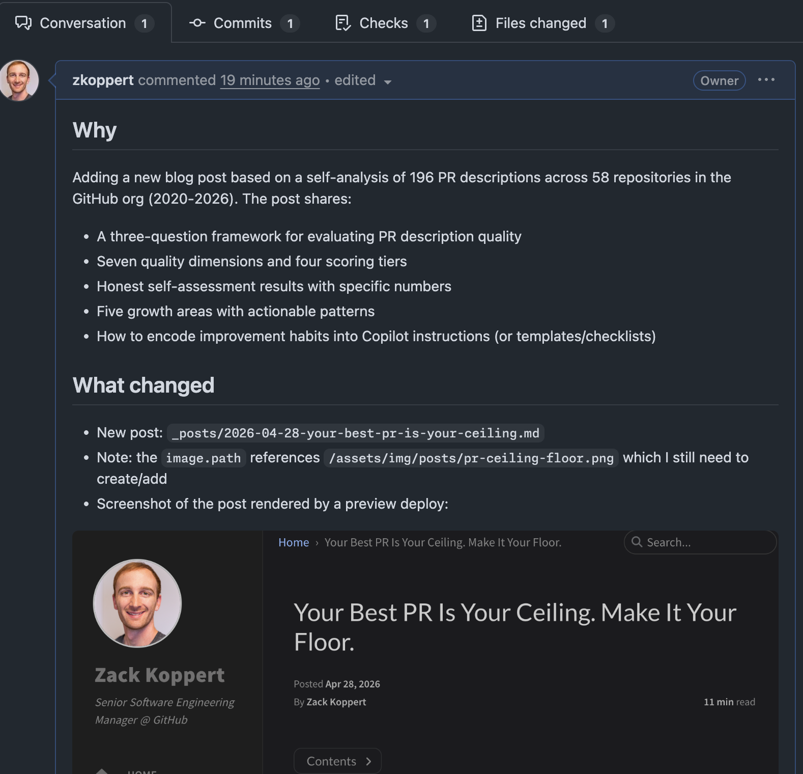 Screenshot of a pull request description with structured sections for Why, What changed, Testing, Monitoring, Tradeoffs, and Rollout