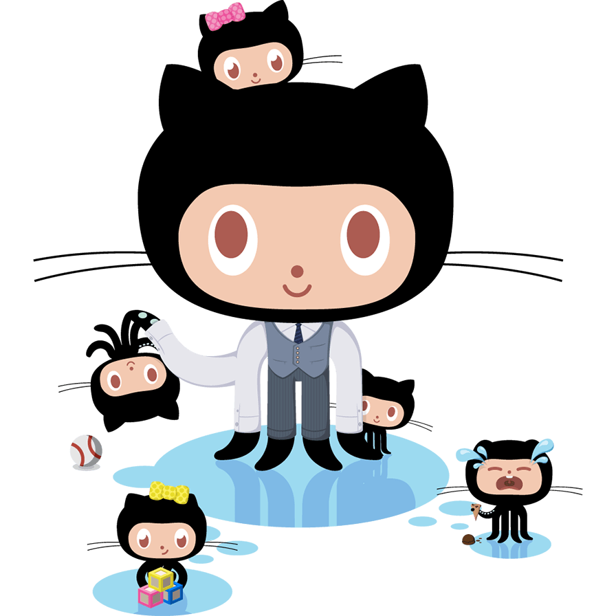 Parent Octocat from the GitHub Octodex, watching over several kids and pull requests, lamenting his toil